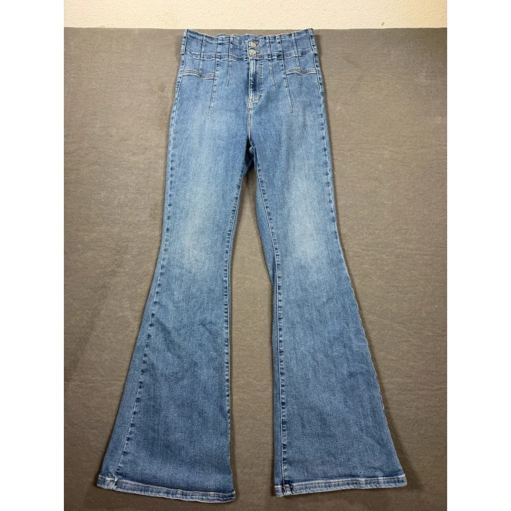 We The Free Free People High Rise Flare Jeans Blue Denim Size 30 Seam Detail